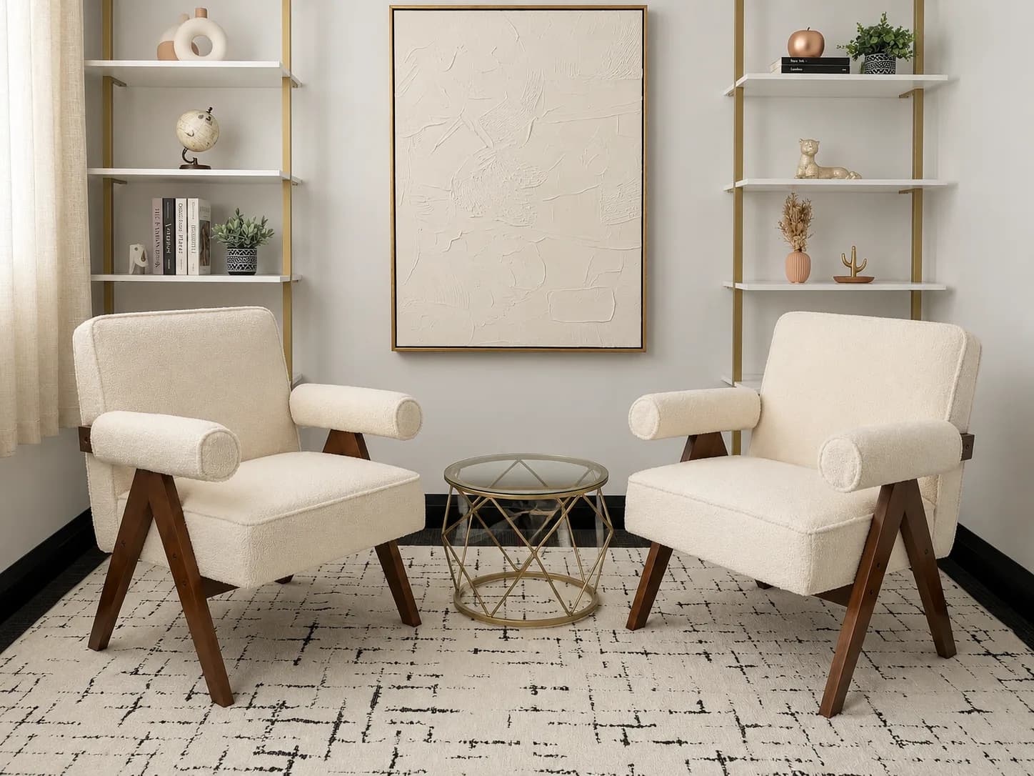 The Gallery: two cream armchairs and a gold side table under a white textured artwork