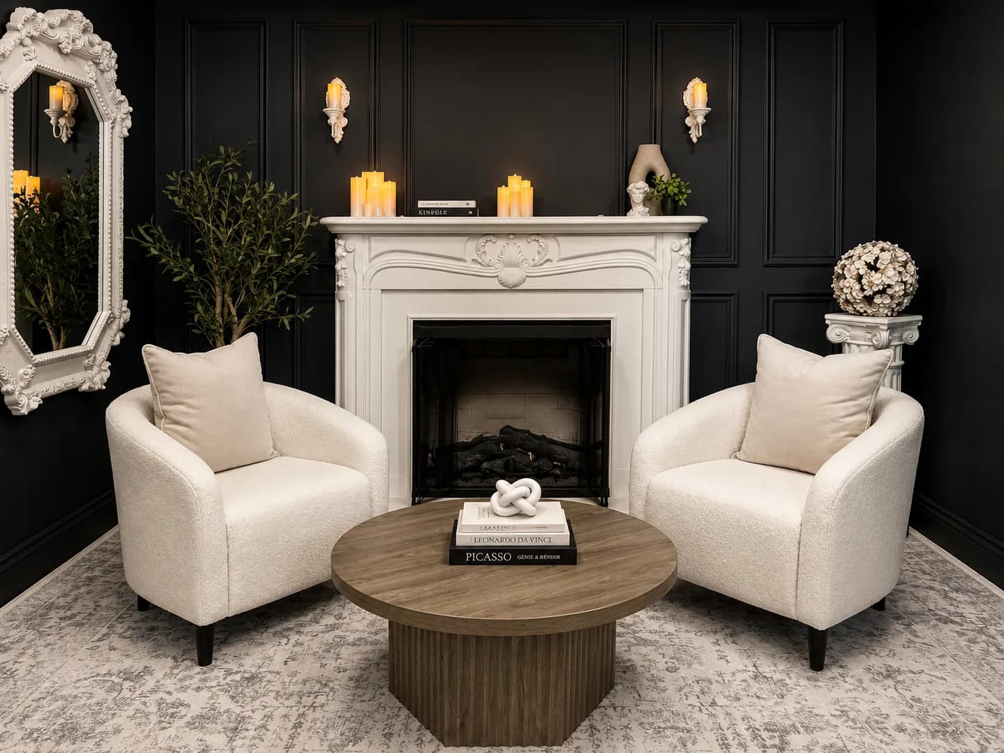 The Victorian studio with cream armchairs and a white carved fireplace